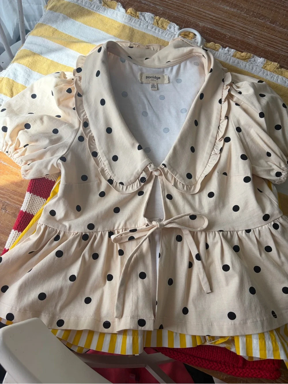 Anthropologie Cream Polka Dot Ruffle Tie-Front Blouse